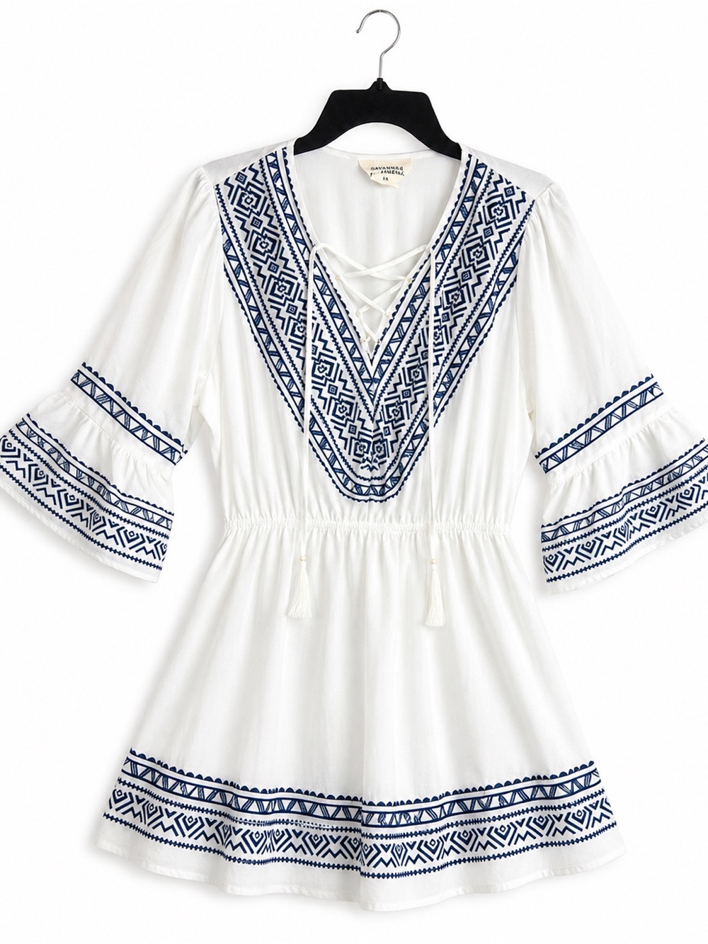 ▶️ Savanna Jane 1X White Blue Embroidered Boho Mini Dress Bell Sleeve New